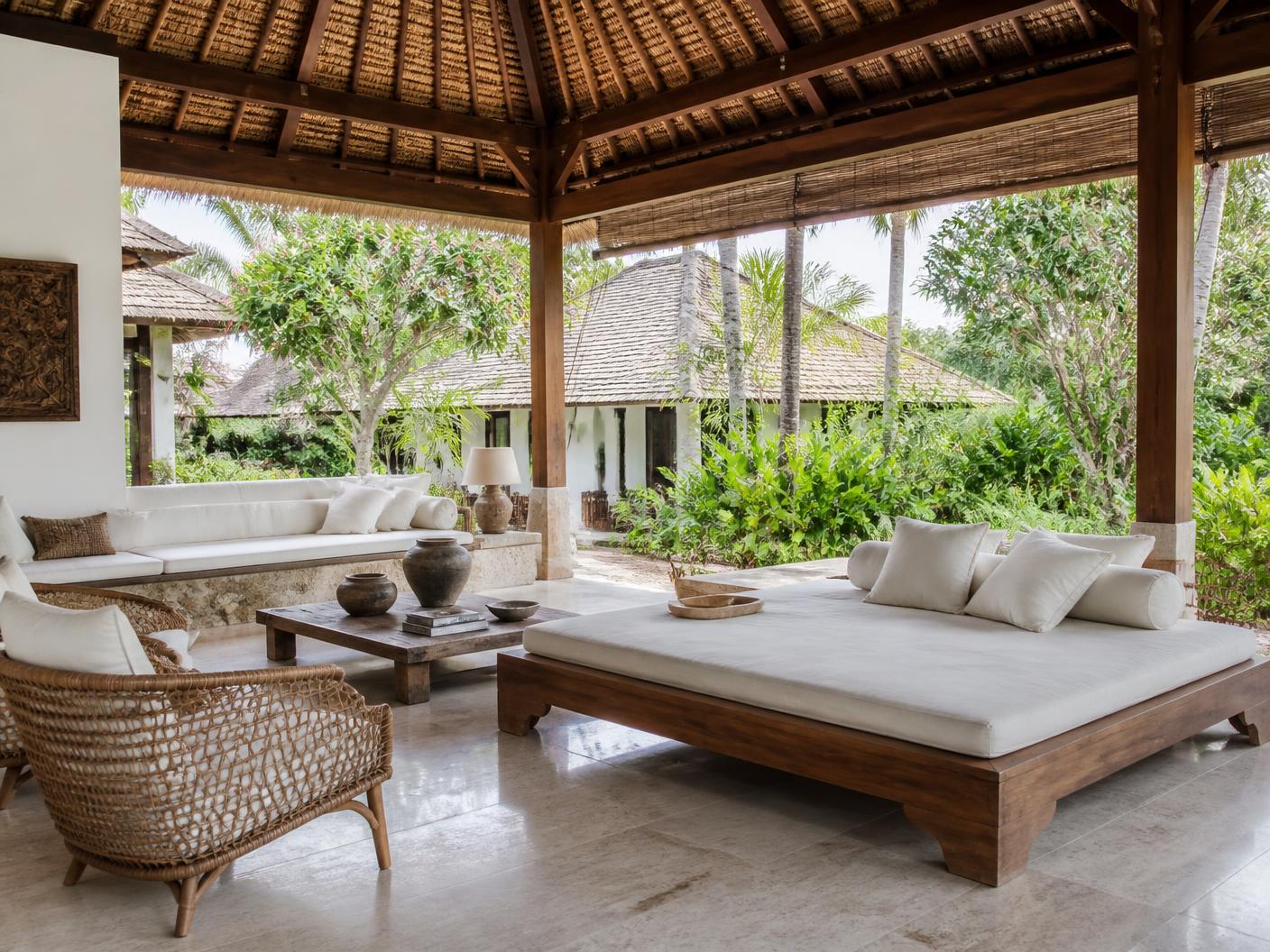 Open pavilion with teak structure, rattan seating and tropical planting