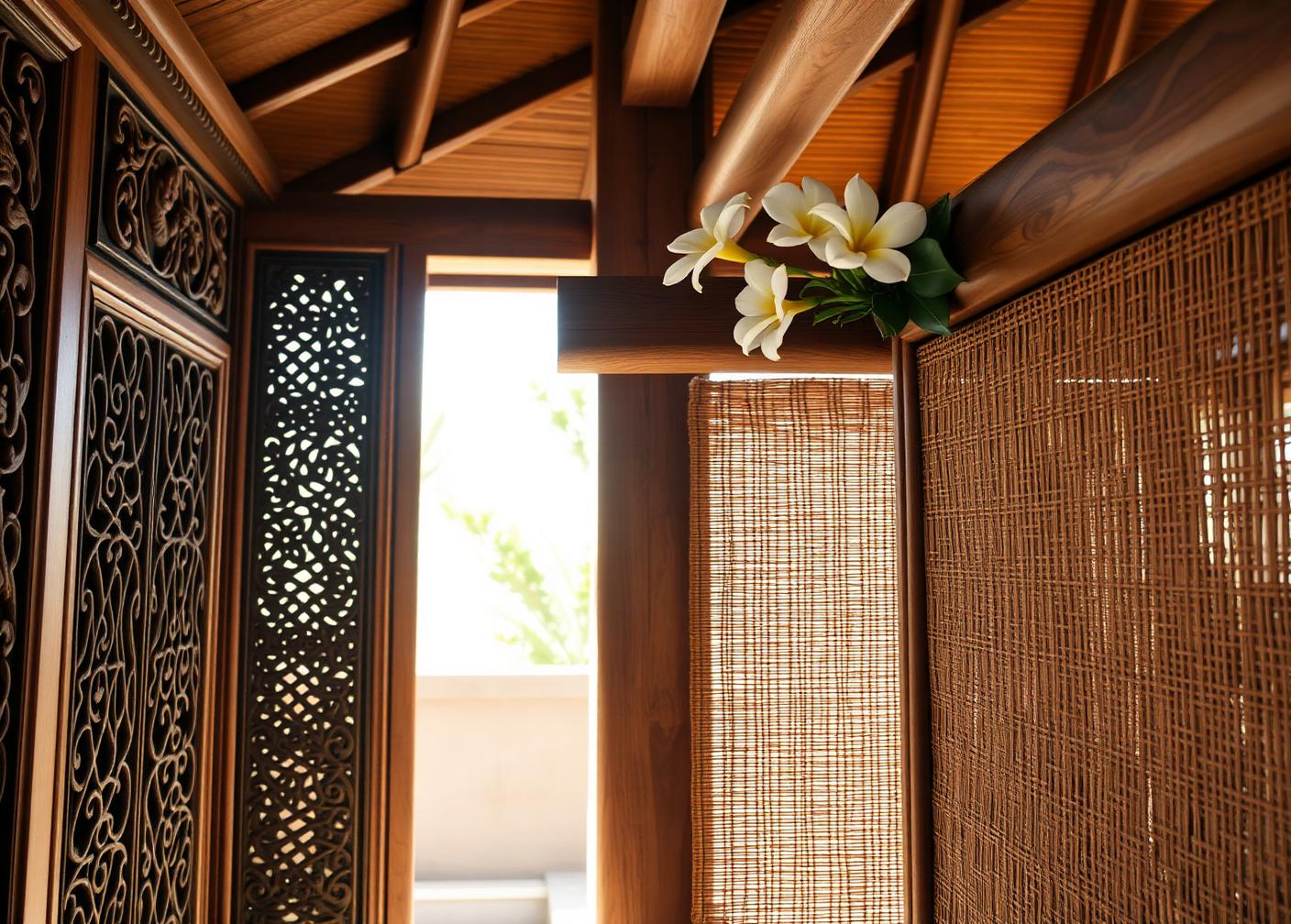 Hand-finished teak and woven rattan details in a bright Balinese interior