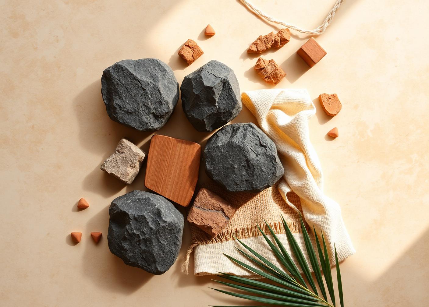 Study of natural materials — stone, timber, woven fibre and pure linen